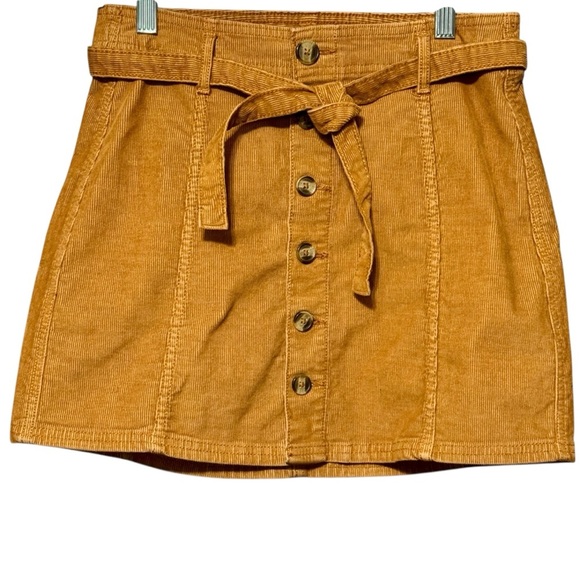 American Eagle High Rise A Line Corduroy Y2K Button Front Belted Tie Waist Skirt - Picture 4 of 9